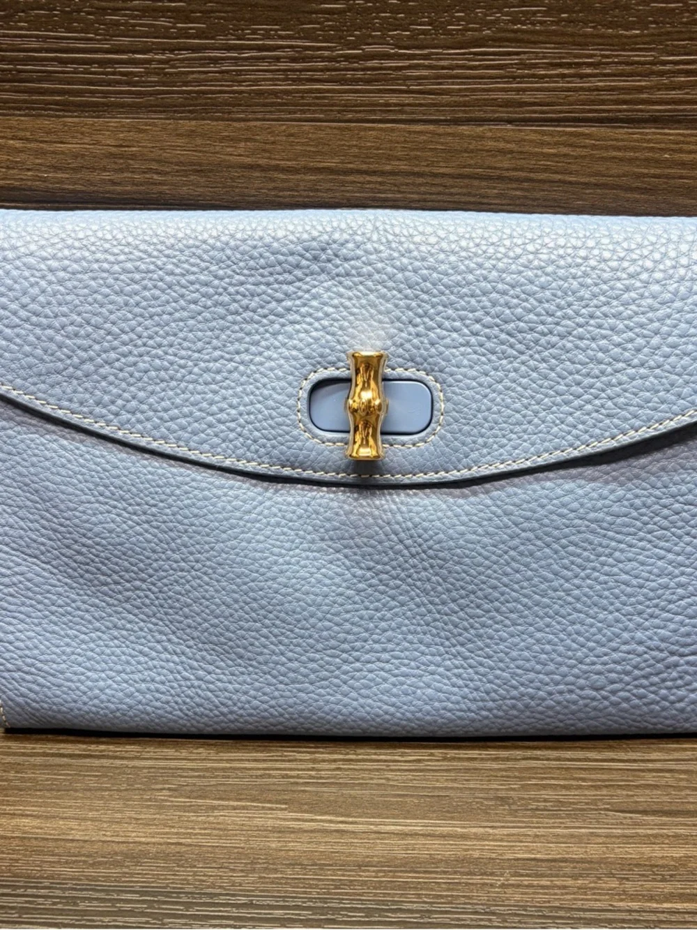 J McLaughlin Blue Leather Clutch Wallet Gold Turn Lock - Picture 3 of 10